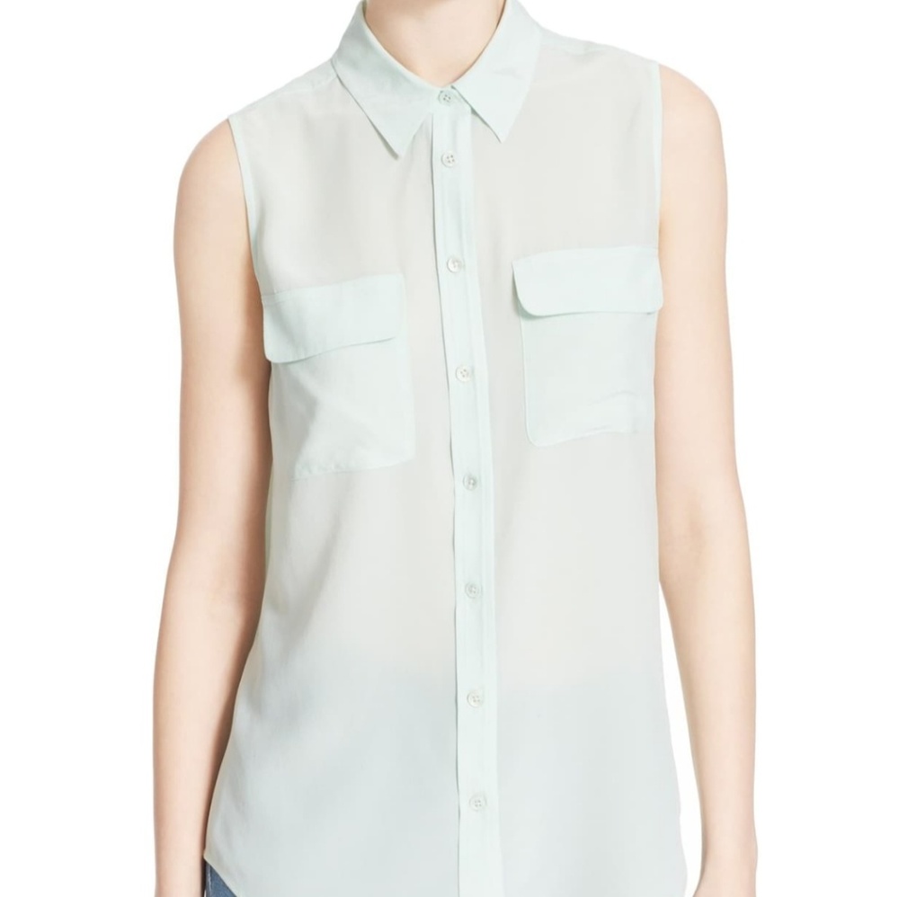Equipment Sleeveless Silk Blouse in Light Turquoise Green M